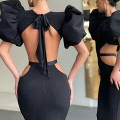 Ingvn - Summer Women's Dress Fashion Cut Out Backless Evening Sexy Night Club Party Black Puff Sleeve Celebrity Long Formal Dress