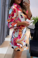 Ingvn - Casual Print Patchwork Shirt Collar Long Sleeve Two Pieces