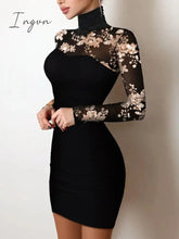 Ingvn - Y2K Sexy Floral Print Contrast Mesh Bodycon Dress Geometric Night Out Vestidos Mini Casual Daily Women Floral Dress