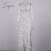 Ingvn - Wine Floral Dress Women Prairie Chic Spaghetti Straps Backless Chest Draped Lace Up Side Split Sexy Long Dresses