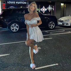 Ingvn - Summer Outfits Women Bling Glitter Women Off Shoulder A Line Mini Dress Pleated Party Elegant Festival Evening Autumn Winter Clothes