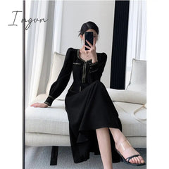 Ingvn - Elegant Women Dress Vintage Long Sleeve Black Y2K New Korean Fashion Casual Office Ladies High Quality Autumn Midi Female Dress