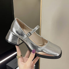 Rimocy Silver Thick Heels Mary Jane Shoes Women Buckle Strap Square Toe Pumps Woman Med Heele Patent Leather Shoes Female