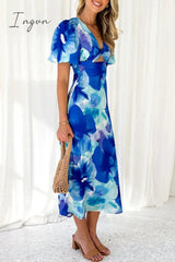Ingvn - Sexy Vacation Gradual Change Print Hollowed Out V Neck A Line Dresses
