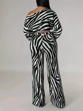 Long Sleeve Cut Out Crop Top & Wide Leg High Waist Pants Set, Zebra Pattern Elegant Outfits, Women's Clothing