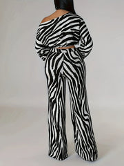 Long Sleeve Cut Out Crop Top & Wide Leg High Waist Pants Set, Zebra Pattern Elegant Outfits, Women's Clothing