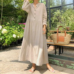 Ingvn - Autumn Women Casual Solid Long Shirt Dress Pockets Long Maxi Vestidos Office Lady Work Cotton Dress Party Robe Femme