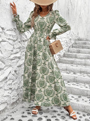 Paisley Print V Neck A-line Dress, Elegant Cinched Long Lantern Sleeve Dress For Spring & Fall, Women's Clothing