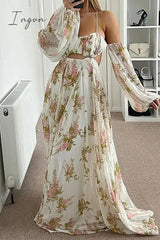 Ingvn - Elegant Floral Frenulum Backless V Neck Printed Dress Dresses