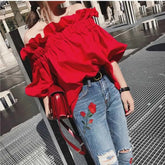 Ingvn - Ruffles Fashion Woman Blouse Off the shoulder Youth Elegnat Blouses Luxury Tops Designer Puff sleeve Korean New