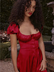 Ingvn - Elegant Puff Sleeve Midi Dress Women Square Collar Backless A-line Loose Dresses Female French Retro Fashion Long Dress