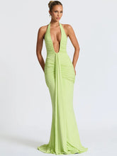 Deep V Neck Backless Ruched Sexy Maxi Dress Women Gown Summer Halter Sleeveless Draped Club Party Long Dress