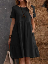 Summer European and American Station Retro Loose Pocket Solid Color Crewneck Women's Cotton and Linen dress