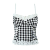 High Street Women Lace Patchwork Plaid Camis Sexy Sleeveless Slim Fit Crop Top Summer Chic Lady Party Tops