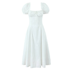 New Women Sexy Off Shoulder Elegant Party Dresses Short Sleeve Lace Up Back A-line Midi Summer Dress Blue White Robe