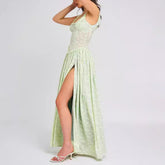 sexy women's new sexy suspenders U-collar backless perspective chiffon dress