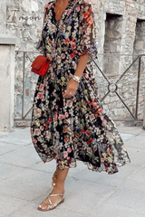 Ingvn - Casual Print Patchwork V Neck Cake Skirt Dresses
