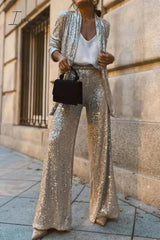 Ingvn - Casual Street Solid Sequins Cardigan Collar Long Sleeve Two Pieces