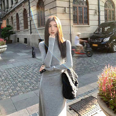 Autumn Half Turtleneck Dress Women Korean Elegant Black Hepburn Style Midi Dress Y2K High Waist Long Sleeve Warm A Line Vestidos