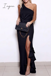 Ingvn - Elegant Solid Flounce Slit One Shoulder Evening Dress Dresses(5 Colors)