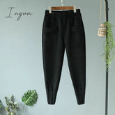 Ingvn - Casual Autumn Winter Women Pants Korean Elastic High Waist Pockets Suede Harem Pants Trousers Women Pantalon Femme