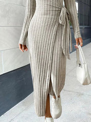 Women Knitting Loungewear Maxi Dress, Autumn Winter Long Sleeve Solid Party Dress, Lace-Up Patchwork Ladies Holiday Dress