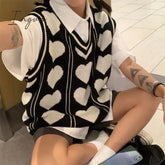 Ingvn - Korean Vintage Sweater Loose V-neck Knit Pullover Vest Y2k Oversized Tank Top Love Print Sweaters Fall Fashion Cardigan