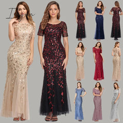 Ingvn - Plus Size Evening Dresses Mermaid O Neck Short Sleeve Lace Appliques Tulle Long Party Gown Robe Soiree Sexy Formal Dress vestido