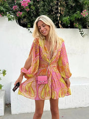 Ingvn - 2023 Summer Women Elegant With Print Hollow Out Mini Dress New Pleated Full Sleeves Tied V-Neck Back Zippers Vintage Vestidos