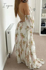 Ingvn - Elegant Floral Frenulum Backless V Neck Printed Dress Dresses