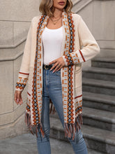 Vibrant Geo Pattern Tassel Hem Cardigan - Long Sleeve, Retro Ethic Style, Soft and Cozy, Perfect for Fall and Winter, Women's Fashion Clothing for Chic and Confident Ladies