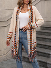 Vibrant Geo Pattern Tassel Hem Cardigan - Long Sleeve, Retro Ethic Style, Soft and Cozy, Perfect for Fall and Winter, Women's Fashion Clothing for Chic and Confident Ladies