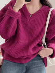 Ingvn - Green Oversized Sweaters for Women Fall Winter 2023 Korean Fashion Long Loose Pullovers V Neck Long Sleeve Jumpers