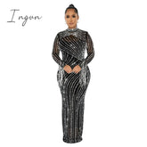 Ingvn - Women's Sexy See Through Rhinestone Bead Mesh Dress Luxury High Neck Long Sleeve Tassels Maxi Party Night Dresses 2 Piece Set