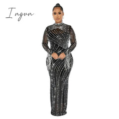 Ingvn - Women's Sexy See Through Rhinestone Bead Mesh Dress Luxury High Neck Long Sleeve Tassels Maxi Party Night Dresses 2 Piece Set