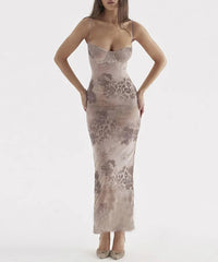 Sexy Women's Flower Print Sleeveless Long Dress Female Slim Fit High Waist Bodycon Dress Party Club Evening Dress