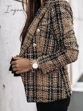 Ingvn - Women's Blazer Tweed Plaid Long Sleeve Coat Fall Winter Business Double Breasted Regular Jacket Green Brown XL 2XL 3XL