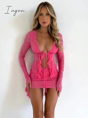 Ingvn - Hollow Out Lace Sexy Dress Set Women Long Sleeve T-shirt And Mini Skirt Sets Lace-up Irregular Party Two Piece Set