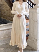 Solid Knitted Dresses for Women Autumn Long Sleeves V-neck Single Breasted Pleated Ruffles Casual Korean Fashion Female Clothing