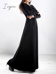 Ingvn - Women‘s Party Dress Wedding Guest Dress Velvet Dress Long Dress Maxi Dress Black Wine Royal Blue Long Sleeve Pure Color Ruched Fall Spring V Neck Fashion Party Winter Dress Evening Party 2023 S M L XL