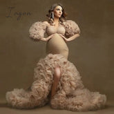 Ingvn - Floral Ruffled Bridal Maternity Dresses Sexy Slit Puffy Sleeve Elastic Custom Made Women Mermaid Party Dresses Plus Size