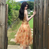 Women Midi Floral Halter Slip Dress Summer Vintage Painting Flowers Backless Casual Party Night Vacation Runway Vestidos
