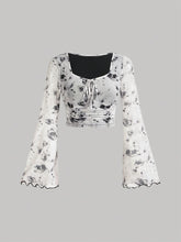 Trendy Tie Dye Print Ruched T-Shirt - Flattering Long Flare Sleeves, Casual Chic Top for Spring and Fall, Coquette Y2K Style Women's Clothing with Relaxed Fit and Soft Fabric