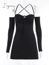 Ingvn - Elegant Pleated Bust Lace Up Back Mini Dress Women Summer New Long Sleeve Backless Bodycon Sexy Party Club Dress