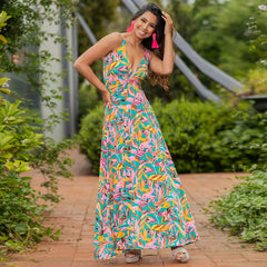 Spring and Summer Fashion Women's Amazon New Style Suspender V-neck Printed Temperament Elegant A-line Long Dress