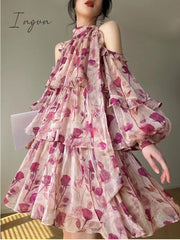 Ingvn - Floral Mini Dress Beach Style Woman Boho Long Sleeve Short Party Dress Casual Elegant Korean Fashion Dress Female