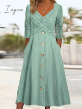 Ingvn - Women's Casual Dress Summer Dress Pleated Dress Plain Ruched Button V Neck Midi Dress Fashion Mature Outdoor Street Half Sleeve Loose Fit White Purple Green Summer Spring S M L XL XXL