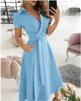 Ingvn - Spring and Summer Fashion New Party Dress Short-sleeved V-neck Retro Dress with Printed Belt