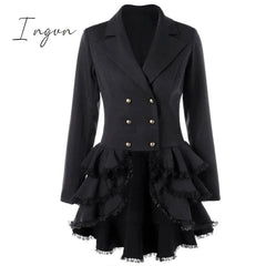 Ingvn - Trench Coat Women's Aaymmetric Lace Hem Tops Steampunk Victorian Swallow Tail Trench Coat Double-Breasted Female Thin Outwear