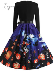 Ingvn - Women‘s Halloween Dress A Line Dress Knee Length Dress White Blue Orange Long Sleeve Print Pumpkin Ghost Patchwork Bow Print Fall Winter V Neck Hot Elegant Vintage Slim 2023 S M L XL XXL